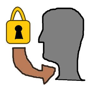 A generic gray silhouette profile of a human head with a golden padlock beside it, with a brown arrow pointing from the lock to the throat.